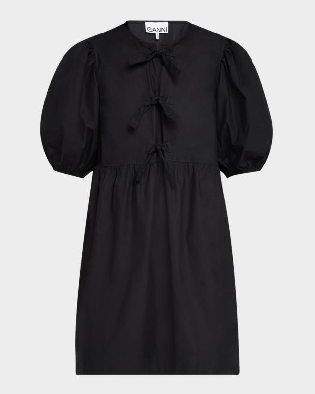 Tie-Front Puff-Sleeve Poplin Mini Dress